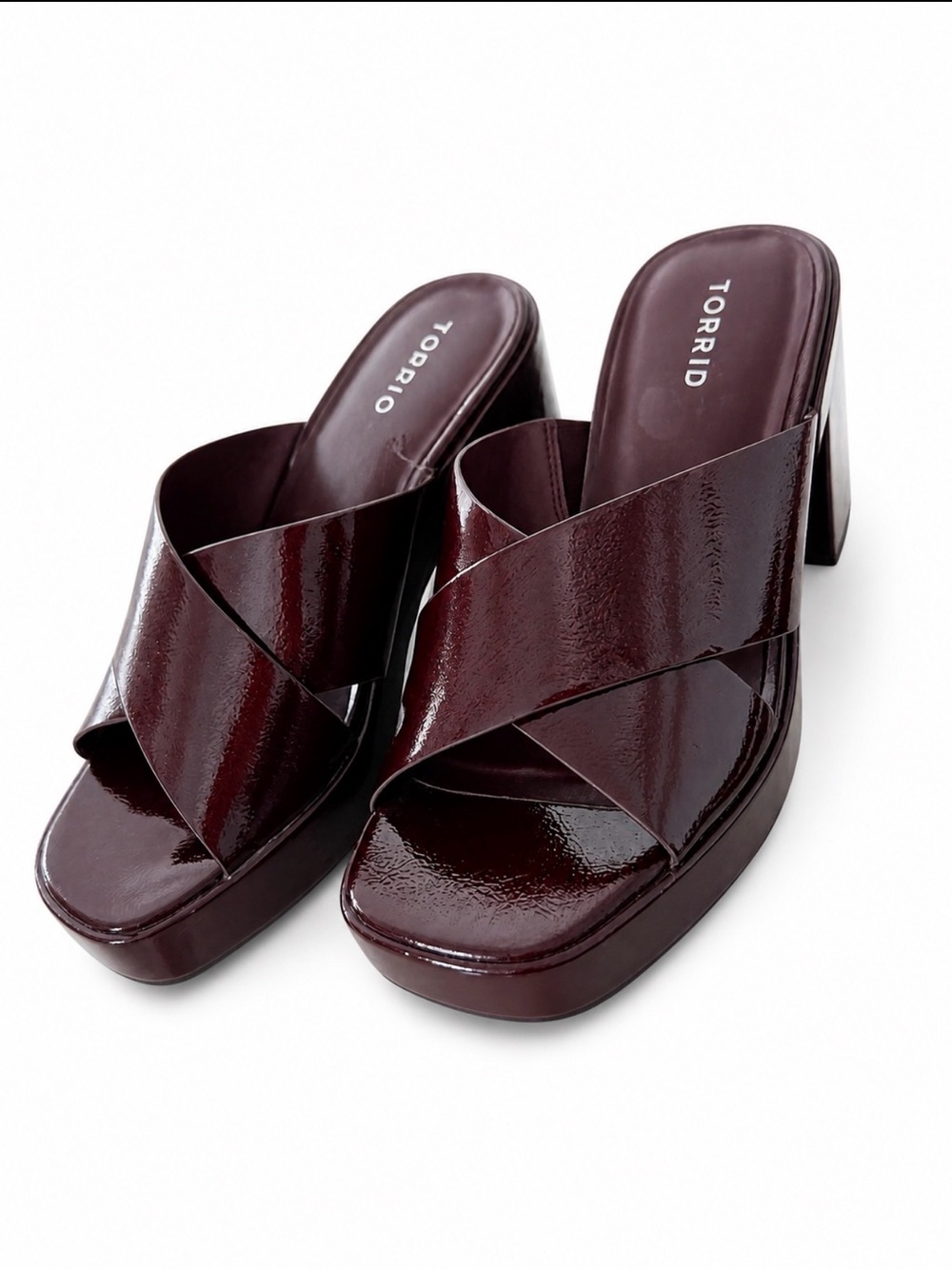torrid Patent Crisscross Platform Mules in Deep Burgundy